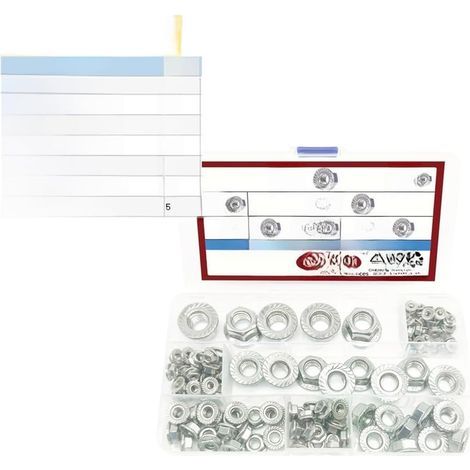 Confezione da 138 dadi esagonali flangiati M3-M10 in acciaio inox 304, DIN 6923, con lato inferiore zigrinato, antiscivolo, assortimento per un fissaggio sicuro. (1/5)