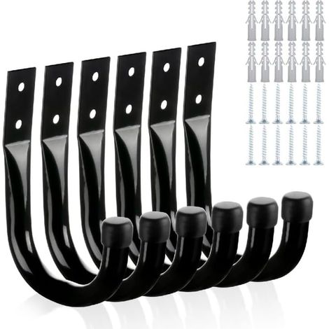 Generic Lot de 6 crochets en J en métal noir très résistants, crochets de rangement muraux pour garage avec ancrages et vis (1/5)