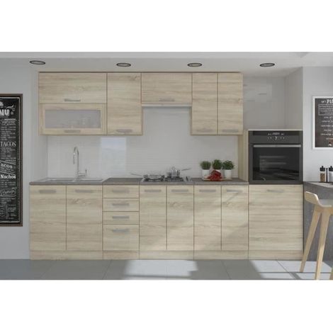 Les Tendances – Cuisine complète 300 cm – Demi-colonne four et hotte – Décor chêne sonoma – Panneaux de particules 16mm mélaminés (1/5)