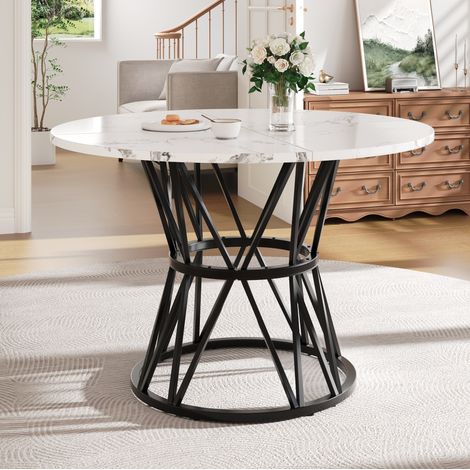 Tavolo da pranzo rotondo 100 x 100 x 76 cm, piano MDF effetto marmo, gambe in metallo nero DESVIAE (1/5)