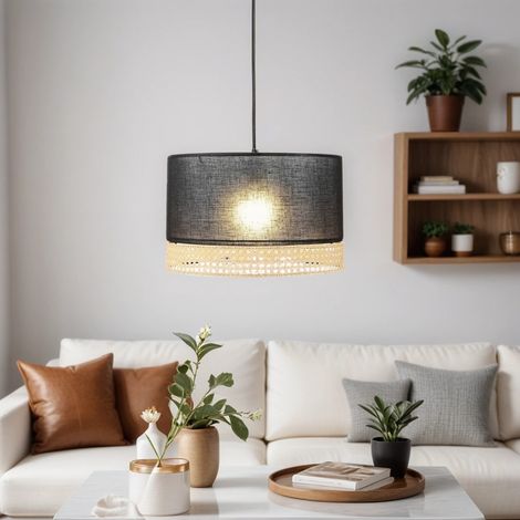 Boho Hängeleuchte Stoff Rattan Ø 38,5 cm Schwarz Braun E27 Hängelampe Schlafzimmer Wohnzimmer