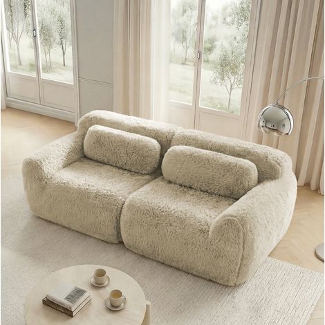 Divano modulare 2 posti kaki chiaro in tessuto peluche senza struttura con cuscini e base antiscivolo (1/5)