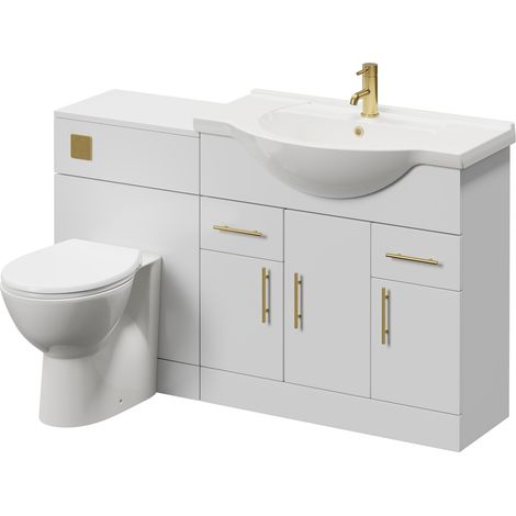 Alexander James Gloss White 1350mm 3 Door Vanity Unit Toilet Suite - 1350mm - Brushed Brass 96mm Bar HandleJames Toilet Pan and Seat