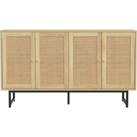 Credenza 140x39,5x80 cm in effetto legno con 4 ante in vero rattan MODENUIT (1/5)