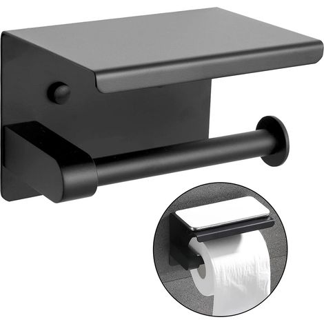 Distributeur de papier toilette noir mat en acier inoxydable avec étagère murale pour salle de bain, support pour rouleau unique.