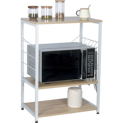 Woltu – Étagère de cuisine en bois massif et acier – Dimensions 60x39x74cm – 3 niveaux de rangement – Pieds réglables et crochets inclus (1/5)