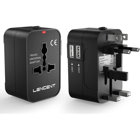Adaptador de viaje universal con 2 puertos USB – Toma de corriente de 110-240 V CA – Compatible con Reino Unido, EE. UU., UE y Australia – Carga simultánea de varios dispositivos (1/5)