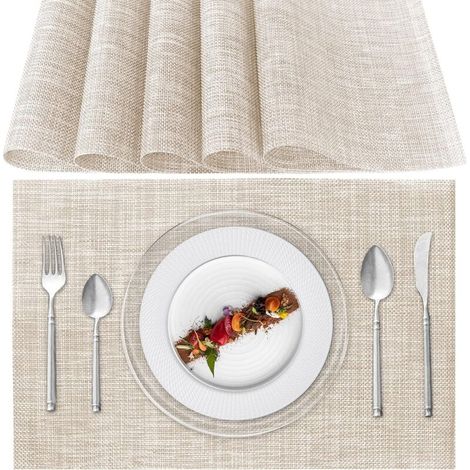 XEPHO Sets de Table Lavable, Lot de 6 Sets de Table Plastique PVC, Résistant à la Chaleur, Antidérapant, pour Cuisine Table à Manger (Beige)