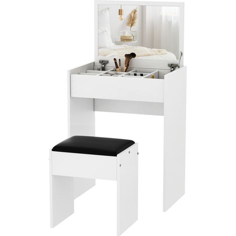 Schminktisch mit Klappspiegel, moderner Schminktisch mit Hocker, 10 Fächer, weißes MDF, 60,2 x 40,2 x 79 cm