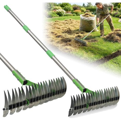 Rateau de Désherbage Scarificateur Gazon Manuel 21 Dents, Aérateur de Pelouse à Manche Long, Outil de Jardinage pour Enlever la Mousse et Aérer Le Sol (1, argenté, 114cm) (1/5)