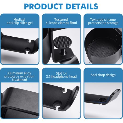 Nouveau support de casque audio rotatif à 360° en métal pour bureau, multifonctionnel, sans perçage, pour ranger casque et gobelet, noir. (1/4)