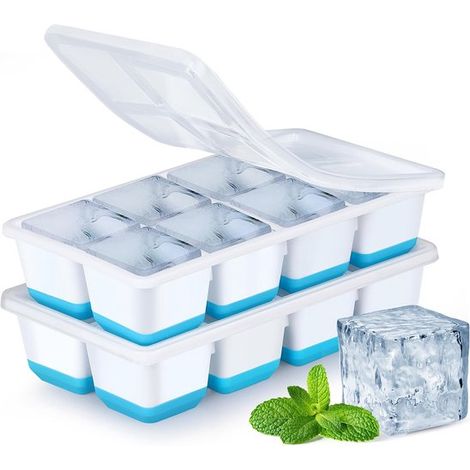 Bandeja grande para cubitos de hielo con tapa，molde de silicona de 2 piezas sin BPA y apilable，cerveza y comida para bebés (azul) (1/5)