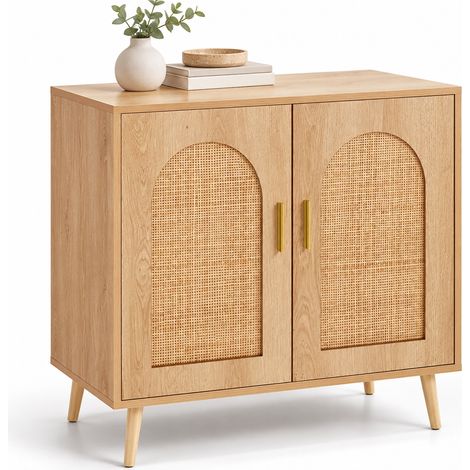Relaxdays Sideboard, 2 Compartments, Rattan & Wood Look, HxWxD: 80 x 80 x 40 cm, Living Room, Kitchen, Cabinet, natural (1/5)