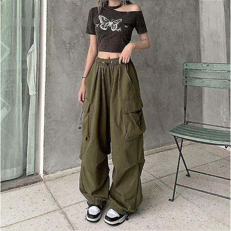 Damen-Cargohose im Streetwear-Stil, lässiger Vintage-Look, weites Bein, gerader Schnitt, Jogginghosen-Stil, große Taschen, Oversize-Latzhose – XXL – Grün