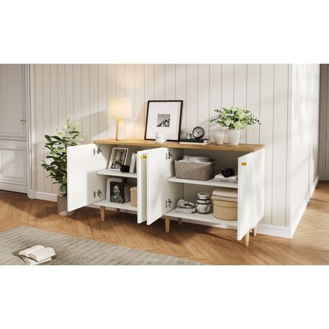 Aparador 140x35x71 cm de MDF blanco y madera, 4 puertas para comedor – MEUBLIV (1/5)