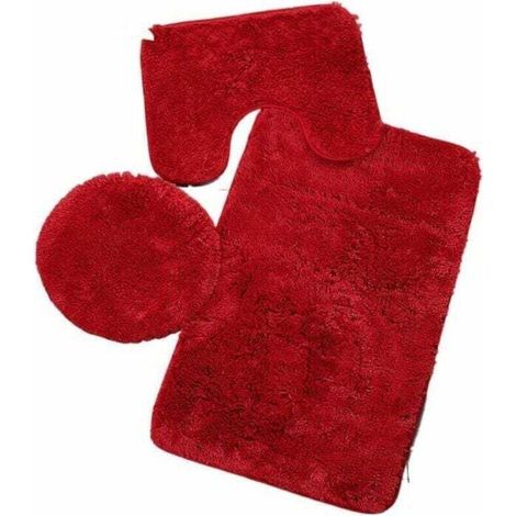 Set di 3 tappetini da bagno Pure Colour, antiscivolo e assorbenti, morbidi tappetini e copriwater, lavabili, rosso.