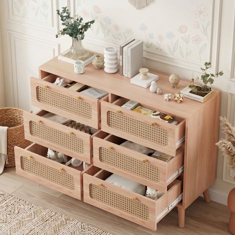 Commode Bois Massif Scandinave 100 cm avec 6 tiroirs, Commode Chambre en rotin, poignées dorées et pieds en bois, Meuble Tiroir Rangement - Naturel