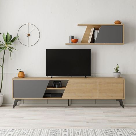 (3c) Porta TV Fiona Rovere con Anta Antracite e Mensola H 48 x P 35,60 x L 180 cm