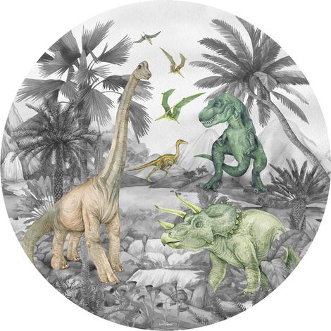 Papier peint intissé auto-adhésif rond dinosaure en noir et blanc - 70 x 70 cm (1/5)