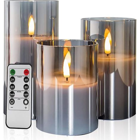 Lot de 3 bougies sans flamme en verre gris vacillantes avec télécommande, mèche mobile, fonctionnement à piles, lumière chaude réaliste