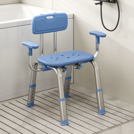 Sgabello/sedia ergonomica da doccia con braccioli, schienale, altezza e sedile regolabili, blu