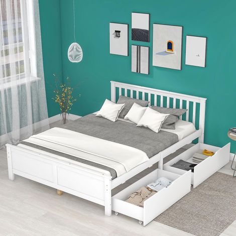 Lit en bois, lit double, lit enfant, lit adulte, avec tiroirs de rangement, cadre en pin, blanc (140x200cm), garantie 2 ans (1/5)