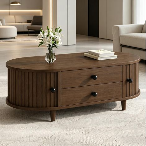Tavolino da salotto con 2 cassetti e ante scorrevoli, 100 x 50 x 36 cm, noce DESVIAE (1/5)