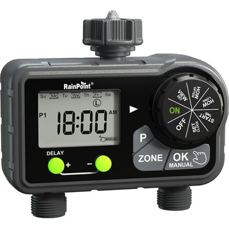 RAINPOINT Minuteur d'arrosage programmable pour tuyau d'arrosage, minuterie de tuyau avec retard de pluie et arrosage manuel, minuterie d'irrigation pour cour, 2 sorties (1/3)