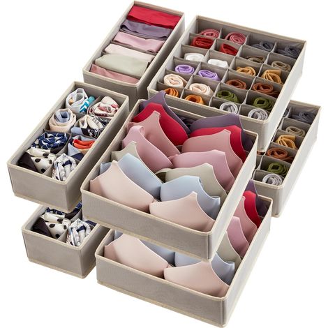 Lot de 8 Organisateur Séparateur de sous-vêtements, Rangement Tiroir Pliable en Tissu, Boite Rangement Vetement Armoire pour Chaussettes, Culottes, Cravates, 30 cm Longueur, Gris Clair (1/5)