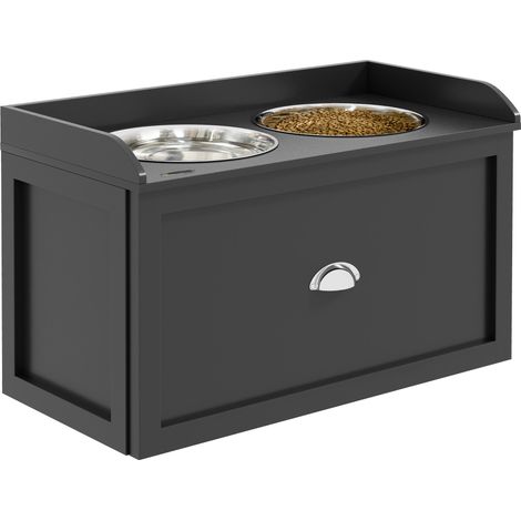 Station d'alimentation, 2 gamelles (2 litres chacune), en acier inoxydable, avec tiroir, pour grands chiens, noir et argent, 60 x 30 x 36 cm