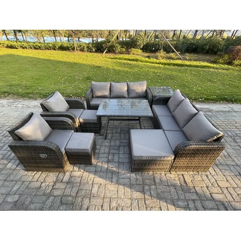 Fimous 11 places Ensemble de canapés en rotin Table & Fauteuil avec Canapé 3 places Table à manger rectangulaire 3 Tabourets Table d'appoint Gris foncé mixte (1/4)