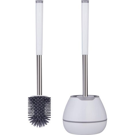 Brosse de toilette, ensemble brosse et support, manche en acier inoxydable et pince à épiler intégrée, brosse de toilette hygiénique et moderne en silicone, forme ronde-AquaForge (1/5)