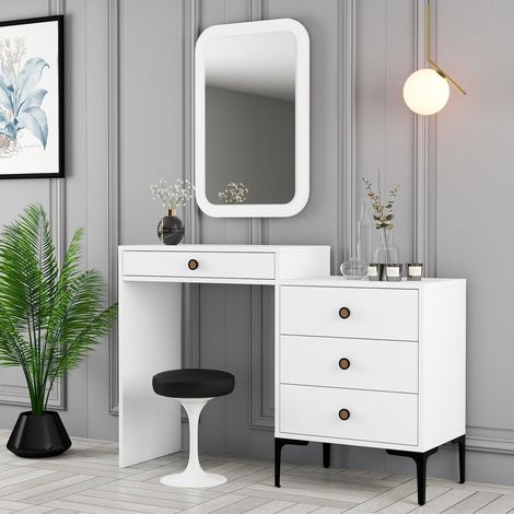 Toeletta Meltina, Mueble de Maquillaje con Espejo Incluido, 4 Cajones, con Patas, 124x40x85h cm Blanco (1/5)