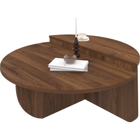 Idmarket – Lot de 2 tables basses rondes asymétriques 90 cm – Bois effet noyer – Double plateau pour rangement – Design moderne et élégant