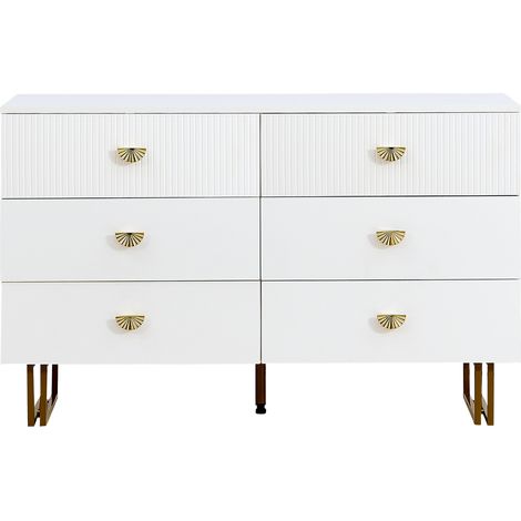 ELVMI Kommode mit 6 Schubladen für Schlafzimmer und Flur aus MDF Weiß mit Stahlbeinen 120 × 40 × 75 cm (1/4)