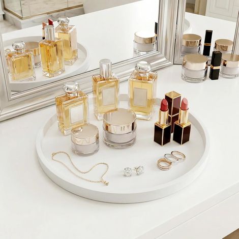 Plateau décoratif silicone 27 cm, rond, antidérapant, facile à nettoyer, incassable, pour parfums et cosmétiques. (1/5)