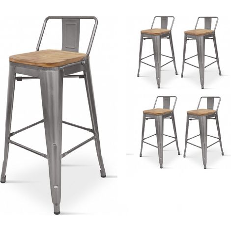 Kosmi – Lot de 4 tabourets de bar métal brut galvanisé – Dossier 18 cm – Assise bois clair – Hauteur 66 cm – Style industriel (1/3)