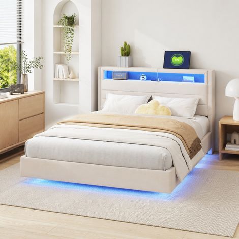 DESMIU Lit Double Rembourré 2 Places avec USB, LED Réglable et Tête de Lit Pivotante 140 × 200 cm, Sans Matelas, Beige (1/5)