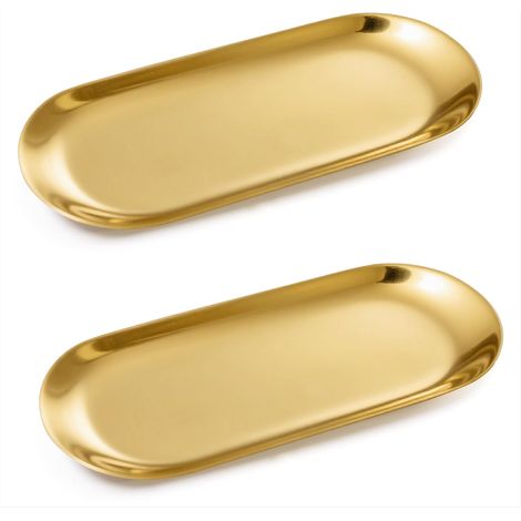 Ovales Kosmetiktablett – Schmucktablett aus Edelstahl – Aufbewahrungsbox – Für Kerzen, Kaffee, Desserts, Kosmetik, Lippenstifte und Parfums – Gold, 2er-Pack (1/4)