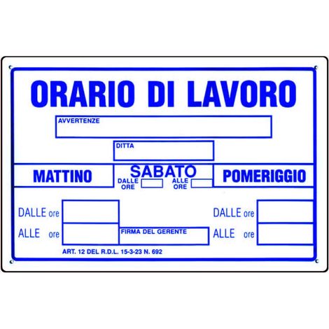 Cartello orario di lavoro - cm.30x20h. - 10 pz