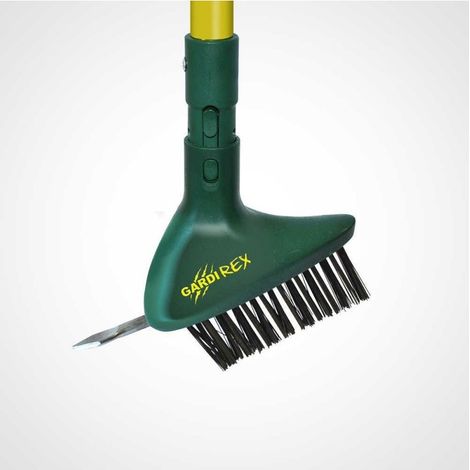 Brosse à joints de dallage avec crochet grattoir – Fibres en acier pour désincruster mousses et mauvaises herbes – Système de fixation CLIC SYSTÈME – Gardirex