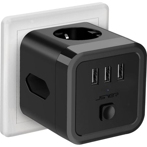 Prise USB Multiple,Cube Multiprise Murale USB 3 Prises (1 Sortie AC,2 Prise Euro) et 3 Ports USB Chargeur Parasurtenseur Parafoudre et Surtension avec Interrupteur pour iPhone Tablette- Noir (1/5)