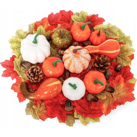 Decorazioni autunnali, foglie artificiali, zucche, pigne, set da 126 pezzi (1/4)