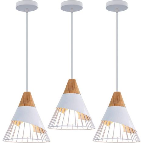 – Lot de 3 lustres suspension vintage rétro en métal et bois – Culot E27 – Longueur 25cm – Plafonnier lumineux blanc pour espaces de vie (1/4)