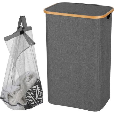 TolleTour Cesto para ropa sucia con tapa, 100L, ocupa poco espacio, forro de malla extraíble, tejido Oxford, asas de bambú, plegable,Gris (1/4)