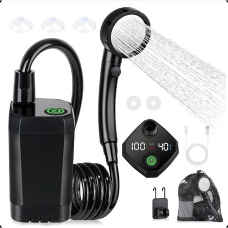 Bardusch-Douche Camping, Douche Portable, Pompe de Douche Électrique Rechargeable, Pommeau de Douche 6000mAh,avec Afficheur Intelligent, Kit Douche de Camping 4 Modes pour Camping, Randonnée, Voyage