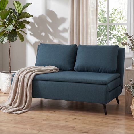 Canapé convertible 2 places clic-clac 3 en 1 dossier réglable oreiller assise large bleu. Canapé clic-clac bleu pour un salon fonctionnel, confortable et moderne. (1/5)