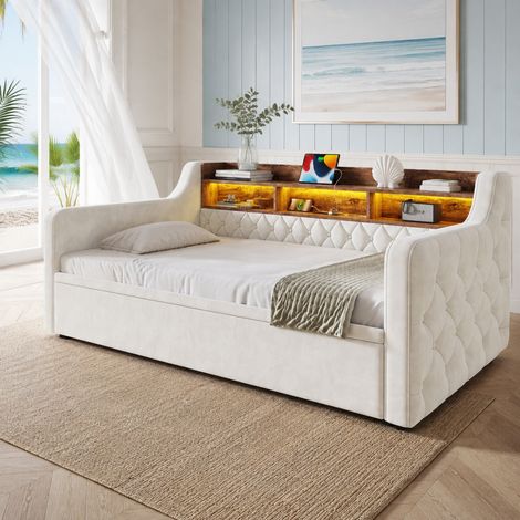 Canapé convertible 90x190 cm avec rangement, LED, USB et Type-C, velours beige OKMYHOME (1/5)