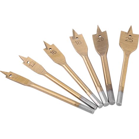 Lot de 6 mèches plates en acier à haute teneur en carbone pour le travail du bois, pour le perçage et l'alésage de diamètres 10-25 mm