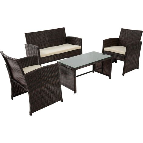 Conjunto de muebles de jardín de 4 plazas en resina trenzada marrón incluye sofá sillones y mesa de cristal 100007925